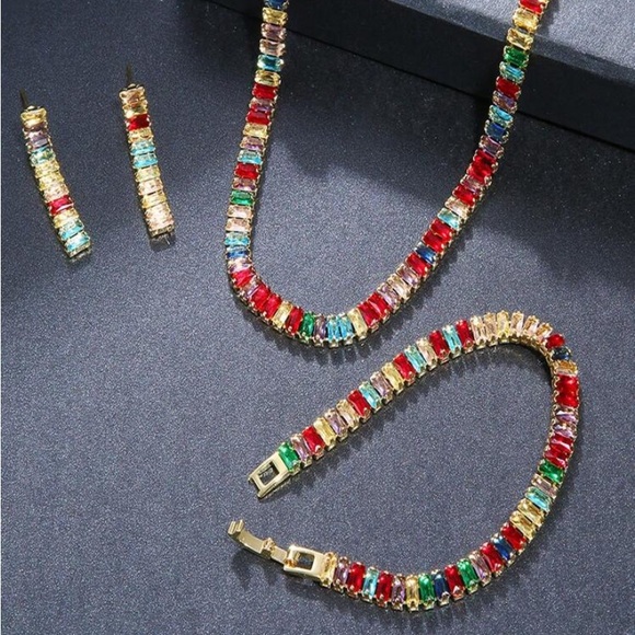 Gold Baguette Multicolor Rhinestone Choker Necklace Earrings Bracelet Set - Picture 3 of 12